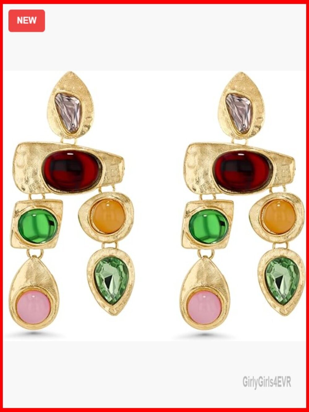 18K Gold Plated Dangle Earrings, Boho Gemstone, Large Vintage Style